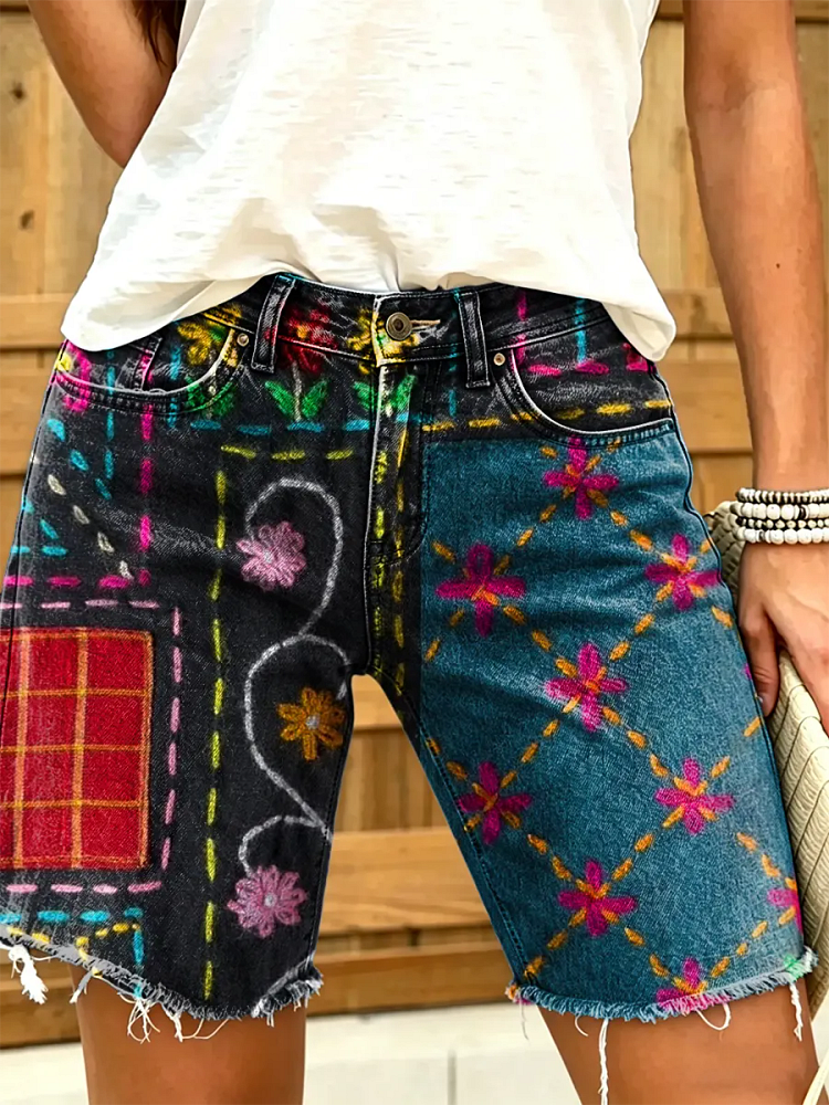 Women's Artistic-print Denim Shorts With Floral Motifs