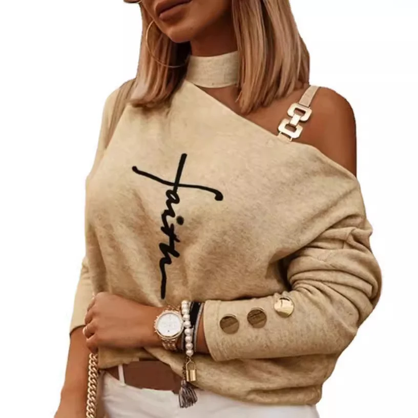 Wongn Wongn Street Style Irregular Shoulder Strap Nail Button Print Long Sleeve Off-Shoulder T-Shirt