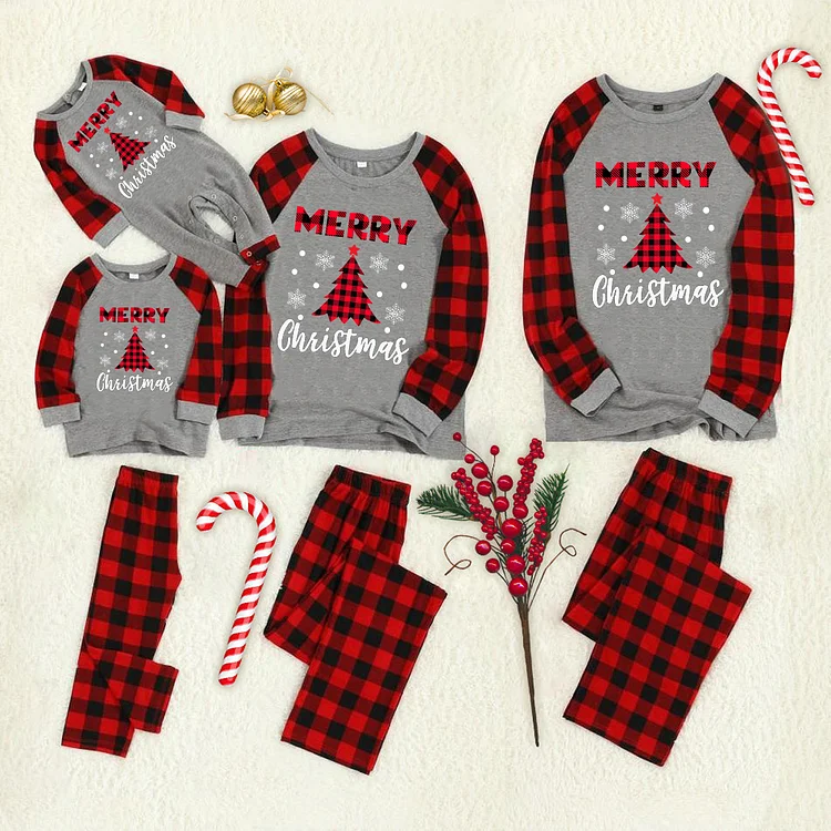 Merry Christmas Tree Print Red Plaid Family Matching Pajamas(Gray)