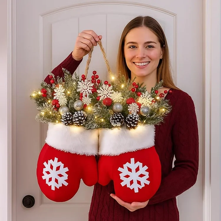 🥊Twinkling Christmas Mitten Wreath with LED Lights💐✨