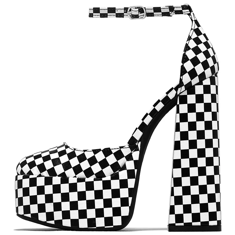 Black and White Plaid Platform Heels with Round Toe and Ankle Strap Vdcoo