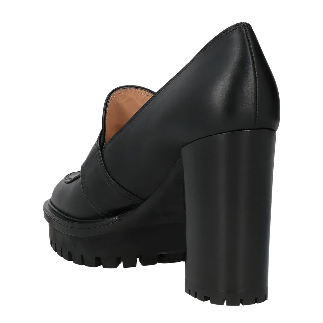 Black Round Toe Chunky High Heel Buckled Platform Loafers Women
