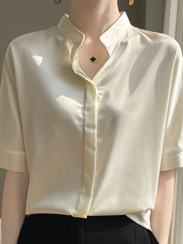 Solid Color Buttoned Short Sleeves Loose Stand Collar Blouses&Shirts Tops