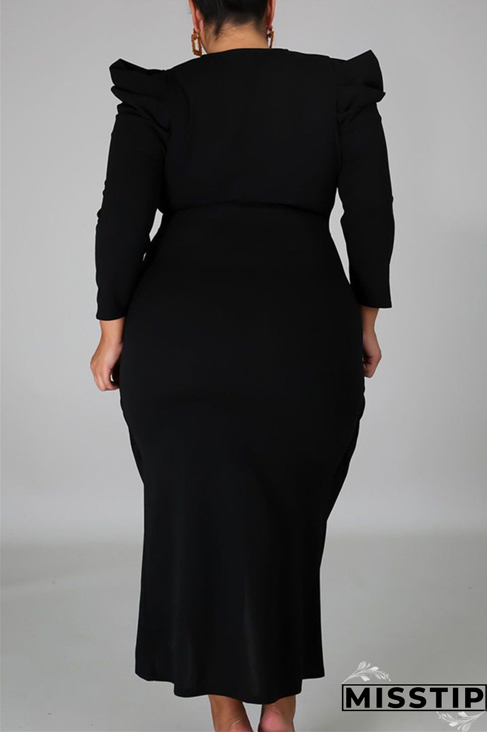 Black Fashion Casual Solid Patchwork V Neck Long Sleeve Plus Size Dresses