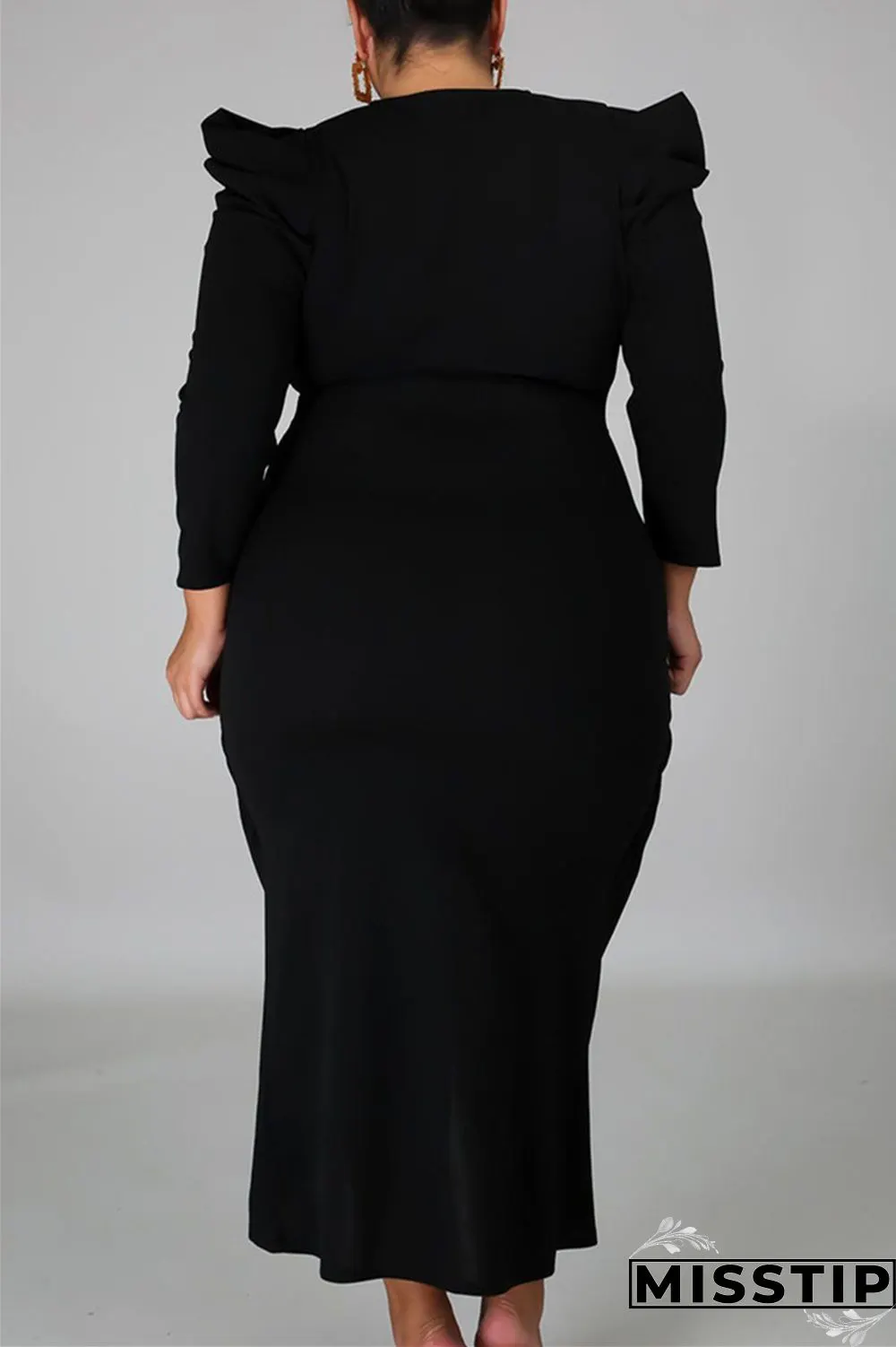 Black Fashion Casual Solid Patchwork V Neck Long Sleeve Plus Size Dresses