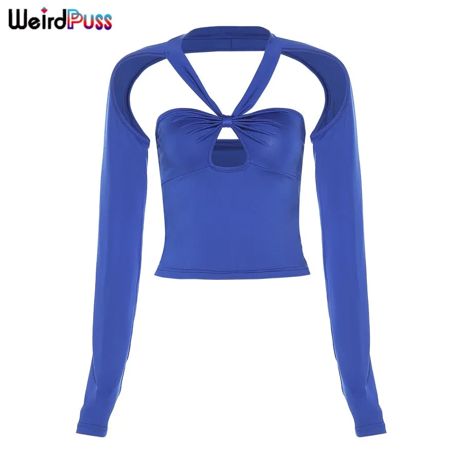 Weird Puss Elegant Halter Top Women Hipster Hollow Out Long Sleeve Tees Solid Ruched Autumn Backless Tops Skinny Wild T-Shirts