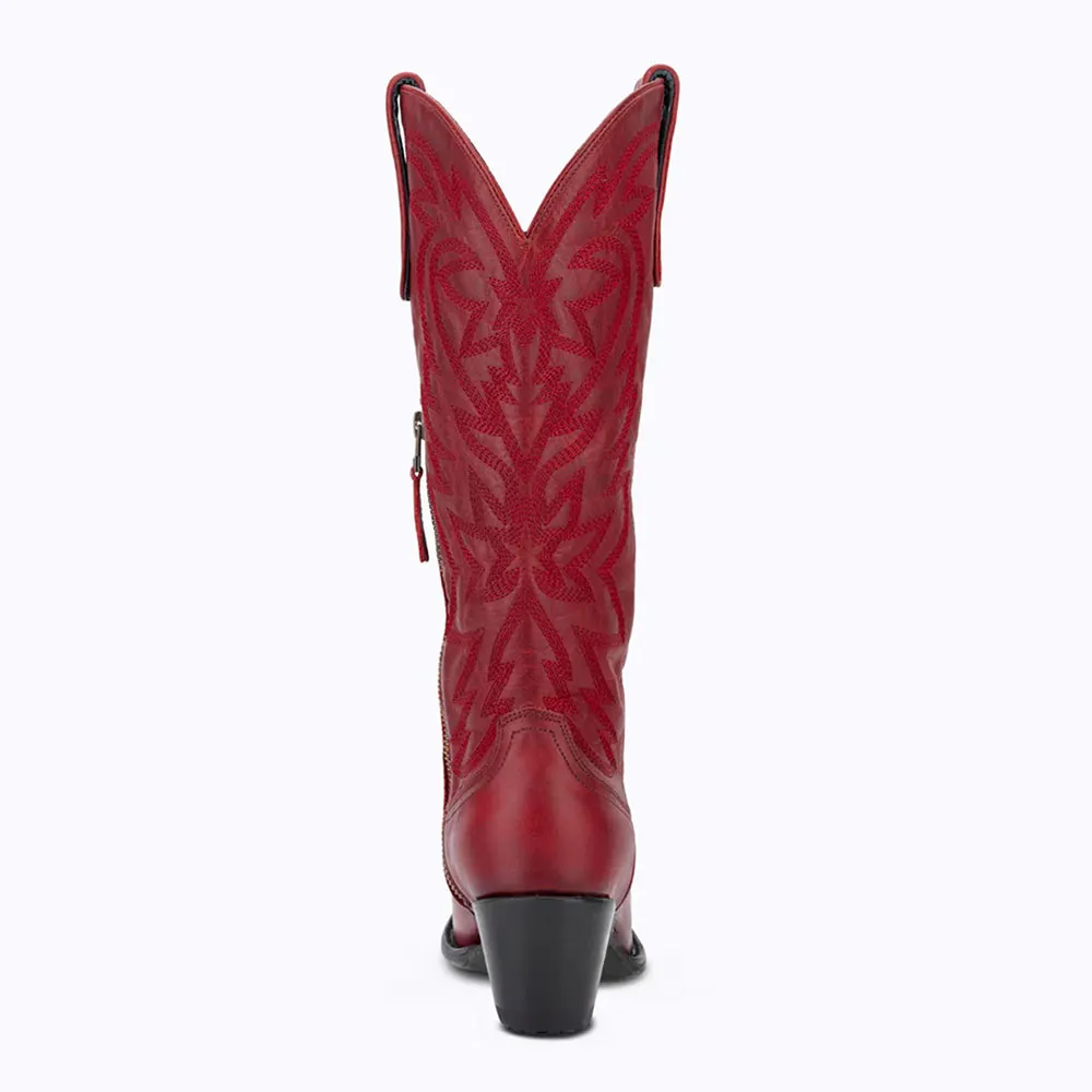 Distressed Block Heel Snip Toe Embroidered Red Cowgirl Boots