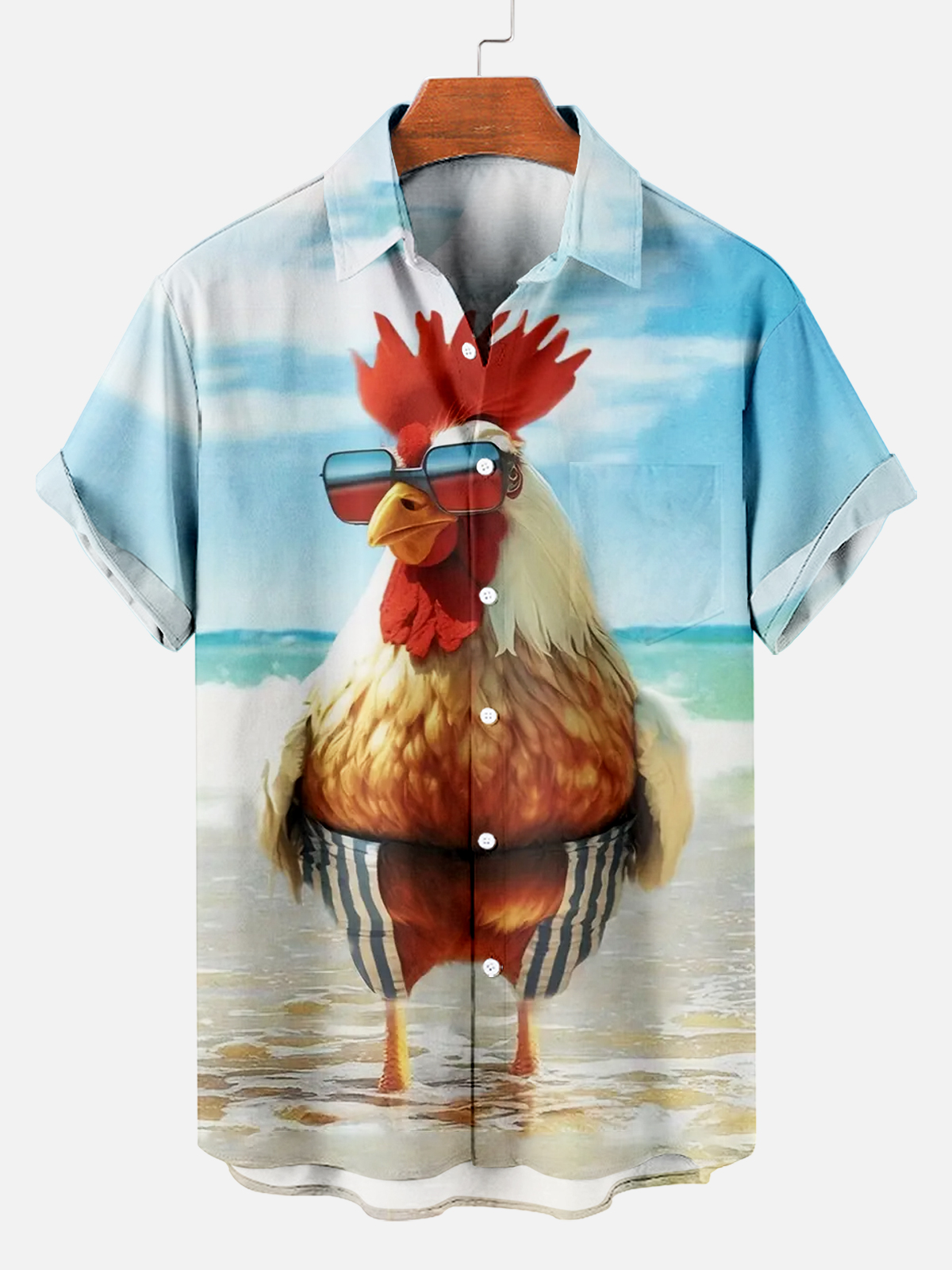 Rooster Beach Vacation Chest Pocket Short Sleeve Hawaiian Shirt PLUSCLOTHESMAN