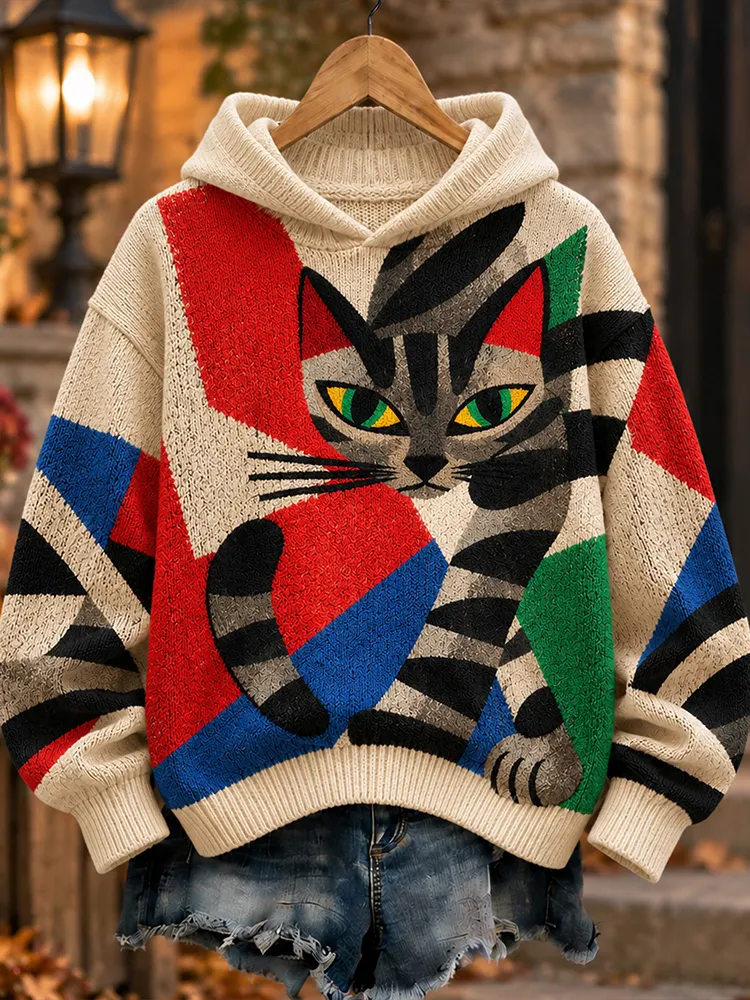 Comstylish Women's Retro Art Graphic Abstract Geometric Color Block Cat Hooded Long Sleeve Sweater