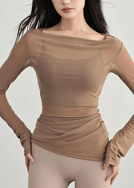 Original Coffee Slash Neck Wrinkled Tulle Yoga Top