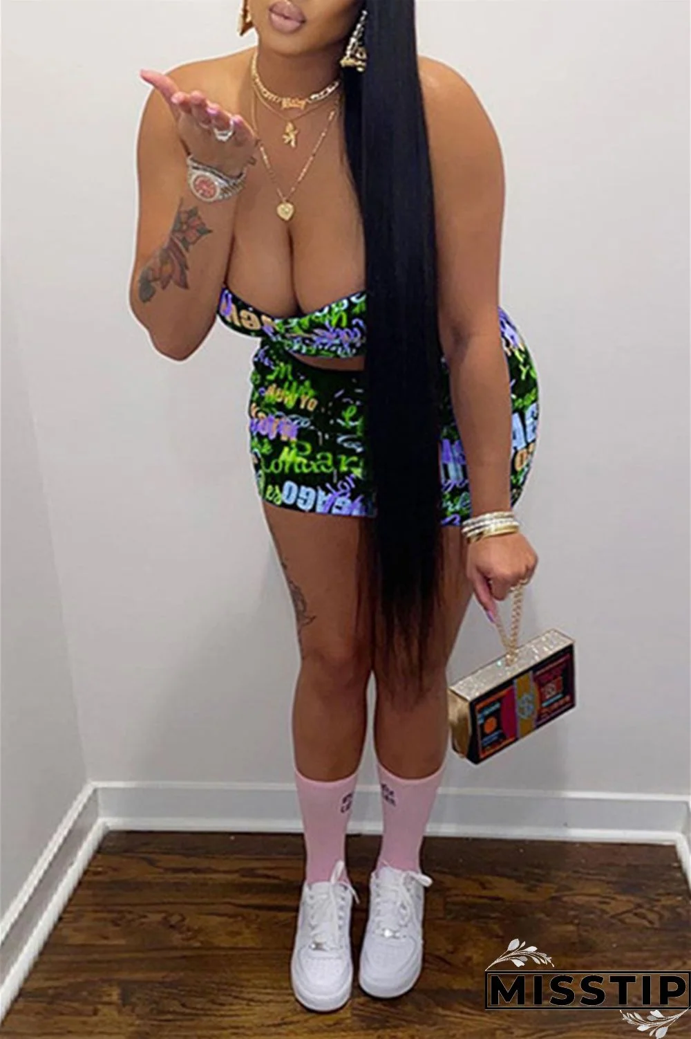 Peacock Blue Fashion Sexy Print Backless Strapless Sleeveless Two Pieces