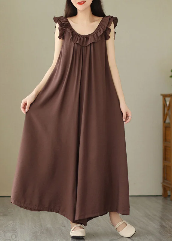 Casual Coffee O-Neck Ruffled Wide Leg Jumpsuit Summer
