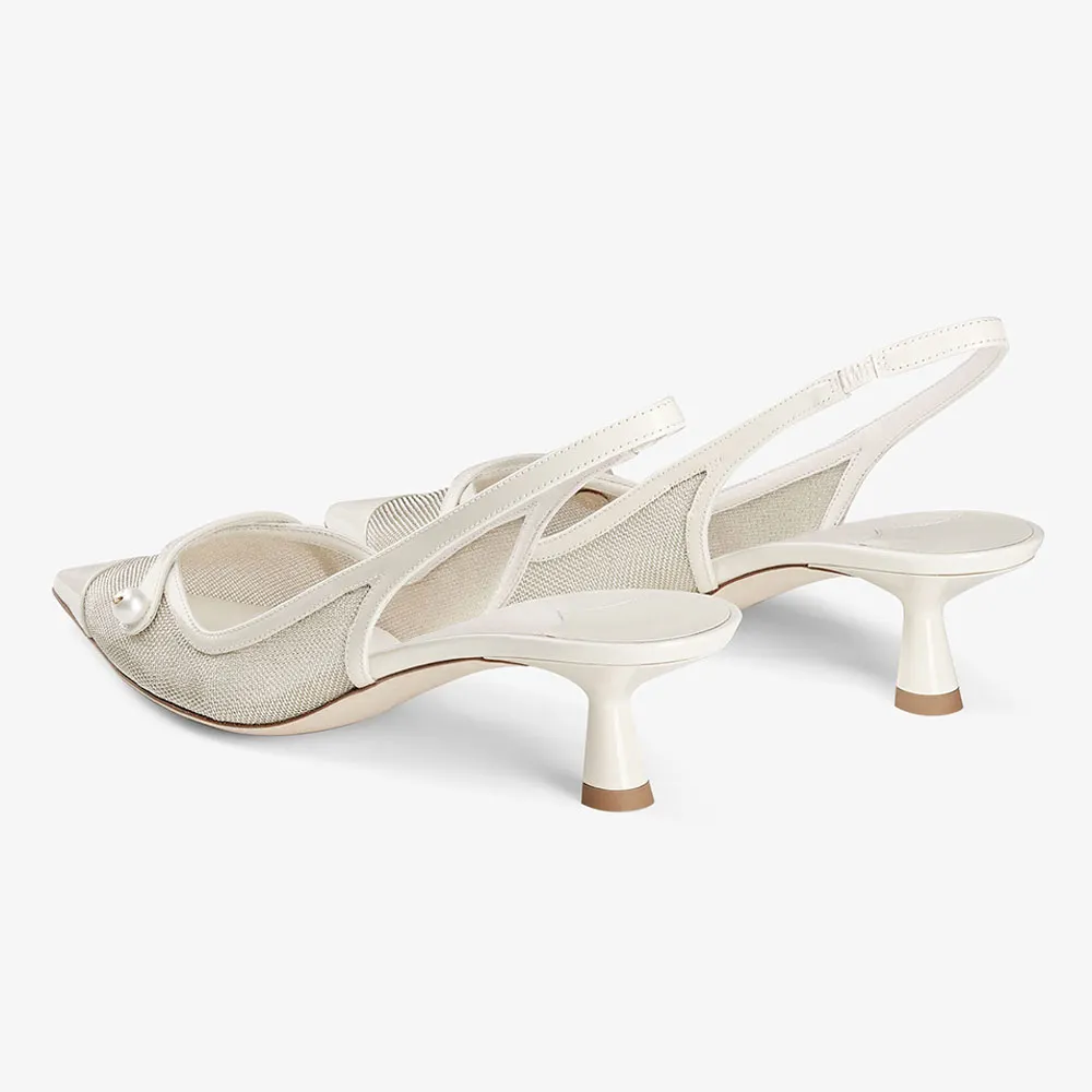 White Patent Leather & Mesh Pointed Toe Slingback Kitten Heel Pumps