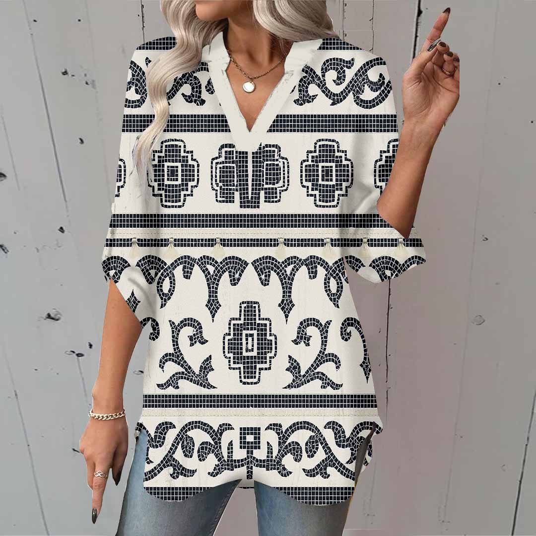 Women Bohemian, Black, White DZGA0148 3/4 Sleeve V-neck Printed Graphic Button Tops