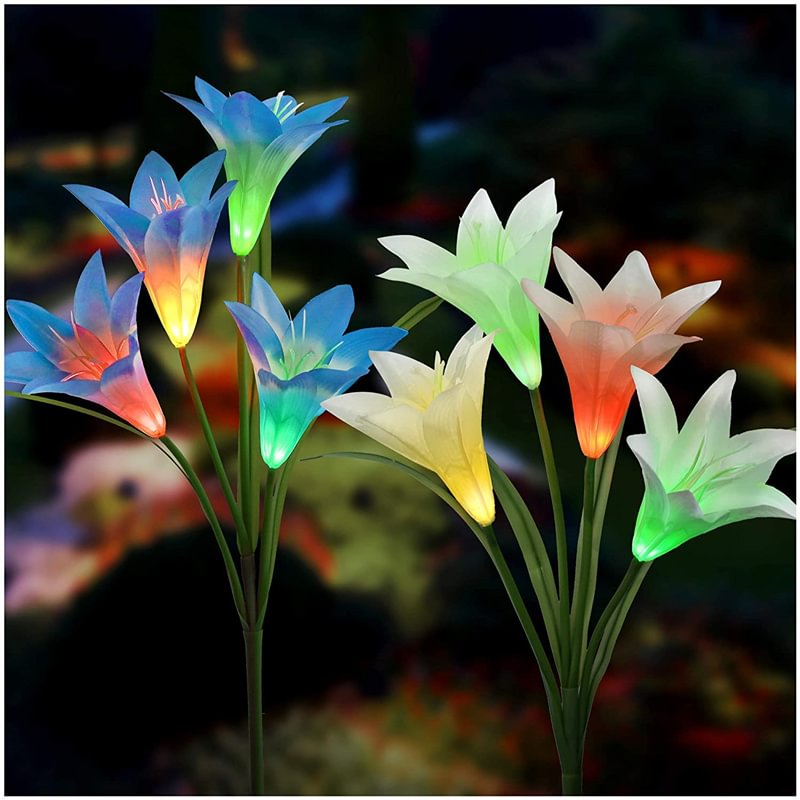 Solar Lights Outdoor - Solar Garden Lights, Multi-Color Changing Lily Solar Flower Lights for Patio (2 Pack,Blue and White)、、sdecorshop