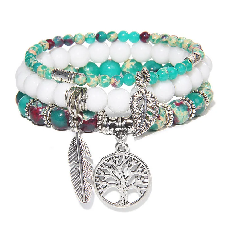 Olivenorma "Nature's Healing Moments" Green Shoushan Stone Tree Of Life 3 Pieces Bracelet Set 