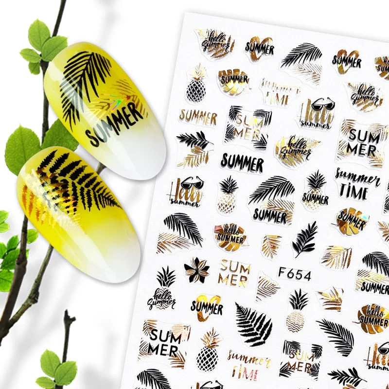 Summer Design 3D Stickers For Nails iridescent Black Gold Flower Leaf Series Decorations Sliders Nail Art Sticker Decals