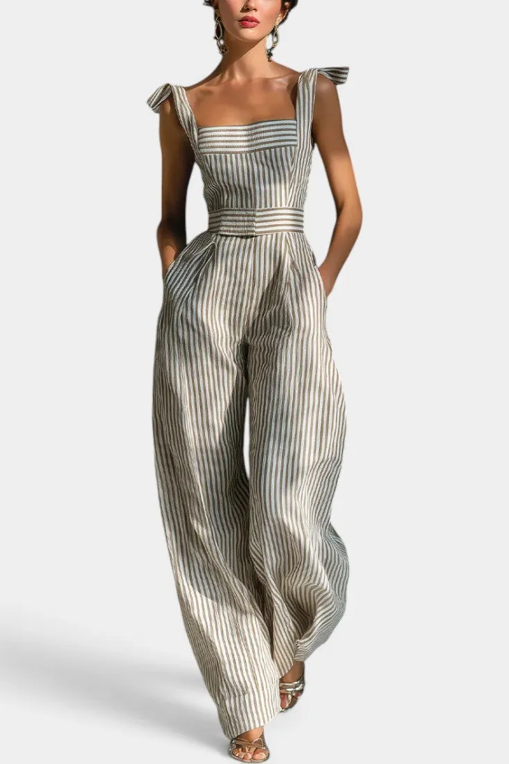 Striped Jumpsuit with Square Neck & Adjustable Tie Straps