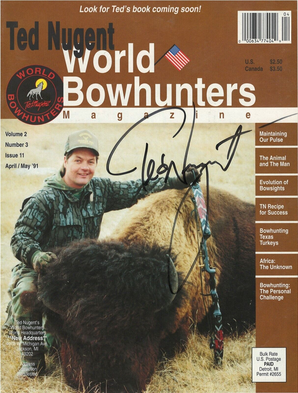 TED NUGENT RARE TED NUGENT WORLD BOWHUNTERS SIGNED MAGAZINE COVER