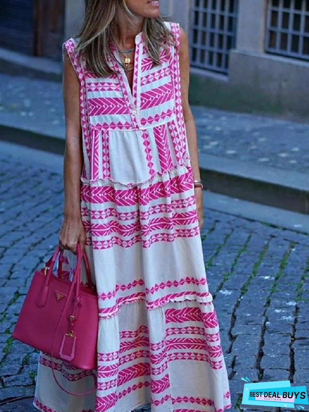 Women's Swing Dress Maxi Long Dress Sleeveless Geometric Print Spring Summer Boho Blushing Pink