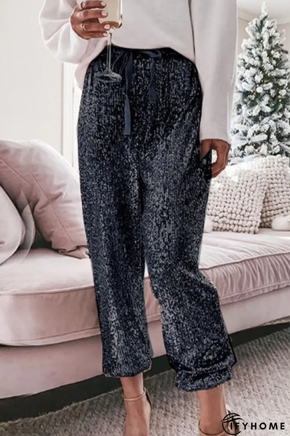 Simplicity Solid Sequins Flounce Straight High Waist Harlan Patchwork Bottoms(4 Colors) | IFYHOME
