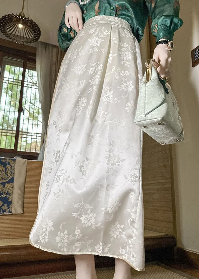 Chinese Style White Jacquard Wrinkled Patchwork Silk Skirt Spring