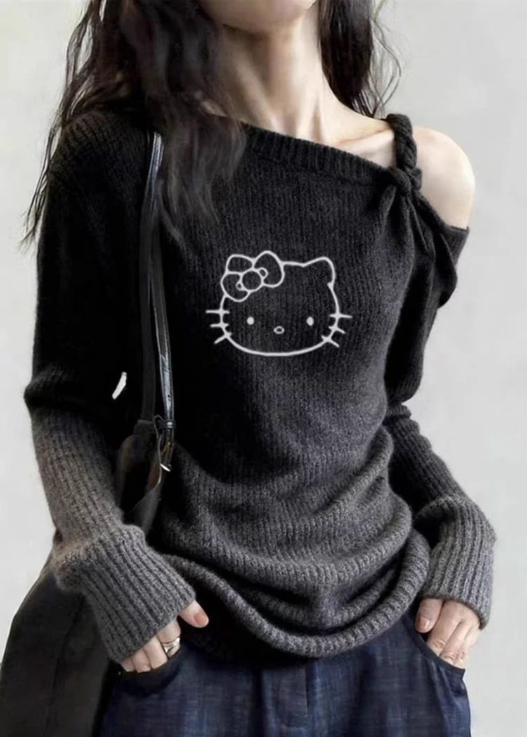 Chic Dark Grey Cold Shoulder Print Cotton Knit Sweater Tops Spring