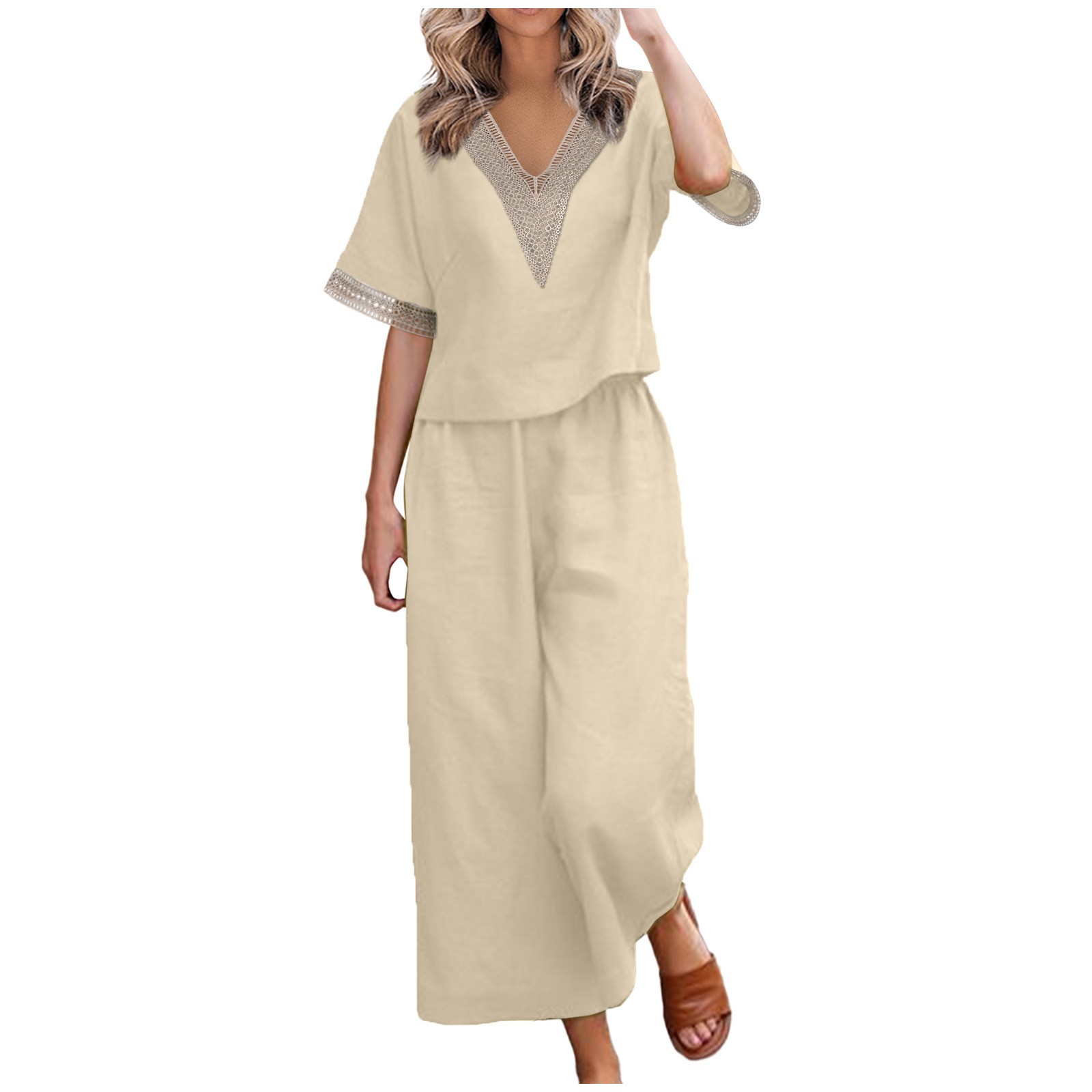 Mature Women Casual Plus Size Loose Cotton And Linen V-neck Cropped Pants Two-piece Suit