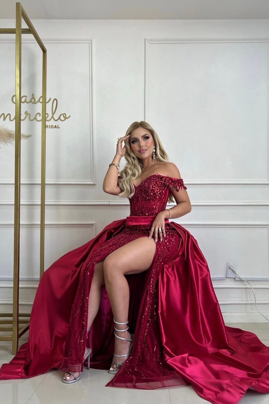 Charming Red Long Off-the-shoulder Sleeveless Sequins Prom Dresses Long Slit Online | Ovlias