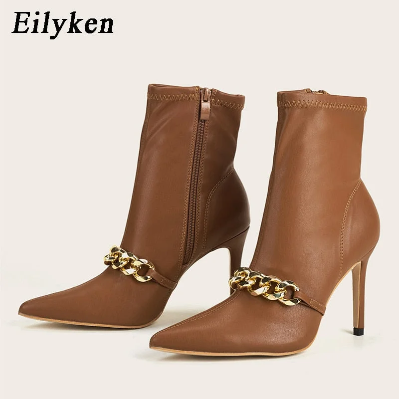Eilyken Spring Autumn New Sexy Pointed Toe Stiletto Heels Ankle Boots Women Fashion Chain Decoration Ladies Shoes Size 35-40