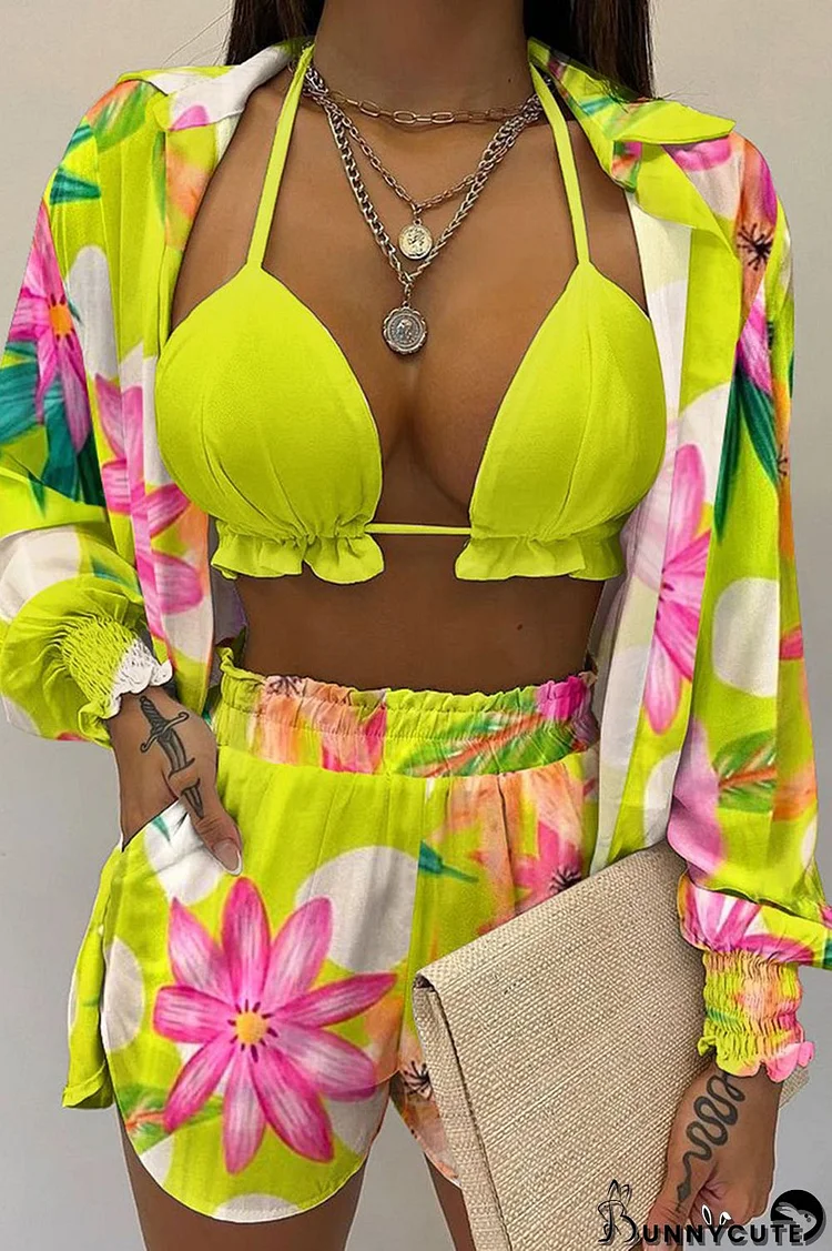 Lemon Yellow Sexy Print Patchwork Turndown Collar Long Sleeve Three Pieces