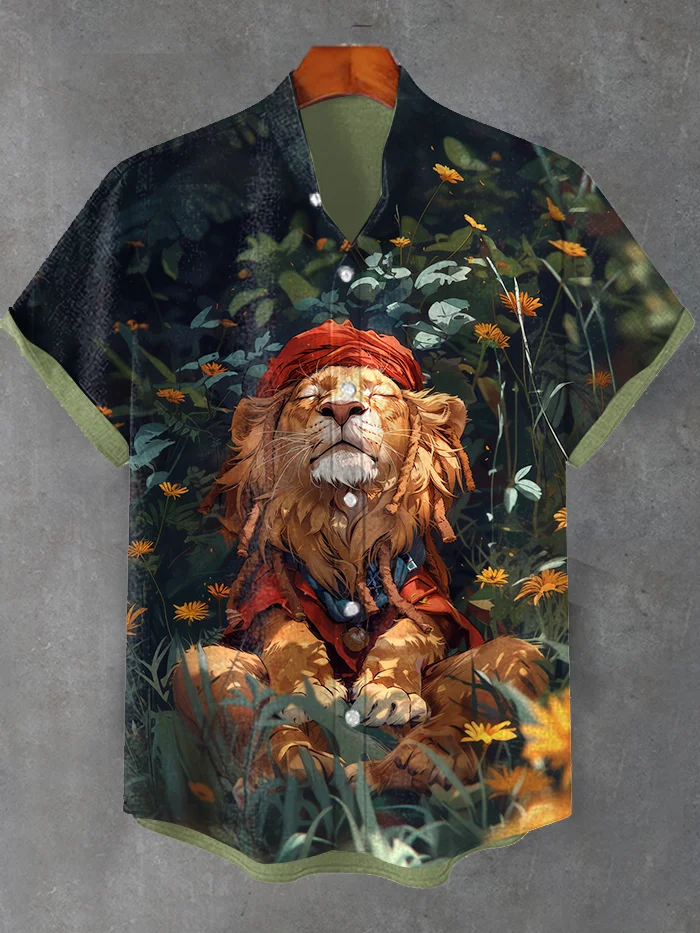 Men's Chilling Forest Meditation Reggae Lion Art Casual Shirt