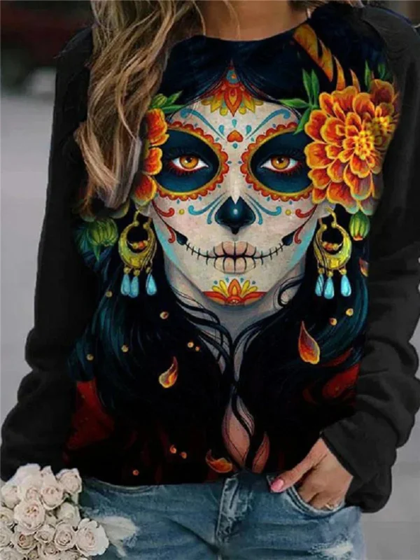 Goth Skull Printed Pullover Sweatshirt