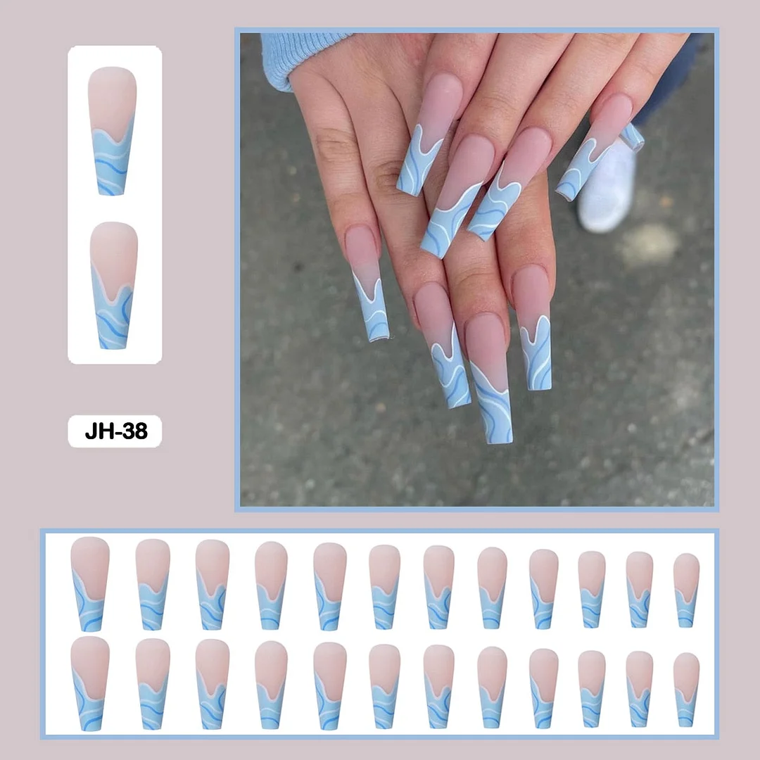 24pcs/box Long Trapezoid Fake Nails Geometric Simplicity Personality Graffiti Animal Pattern Nail Art Nails Press on With Glue-Nail Inspo