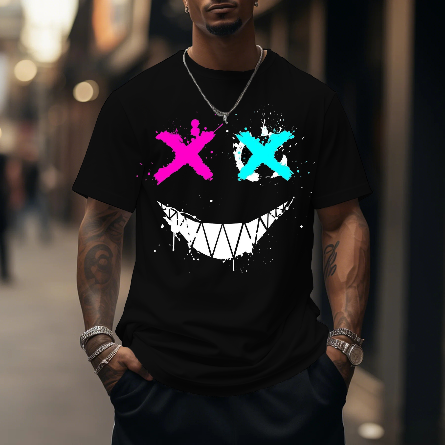 Men's Funny Smiley Face Print T-shirt