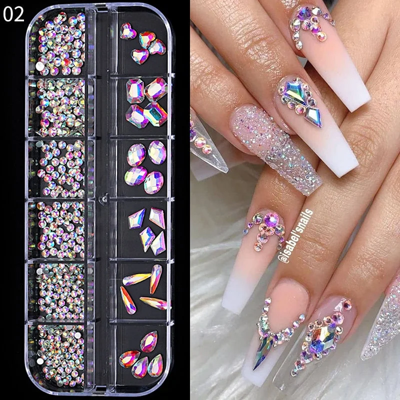 12 Grids/Box Nail Rhinestones 3D Nail Art Decoration Colorful Crystals 3D Nail Sequin Flat Back Stones-Nail Inspo