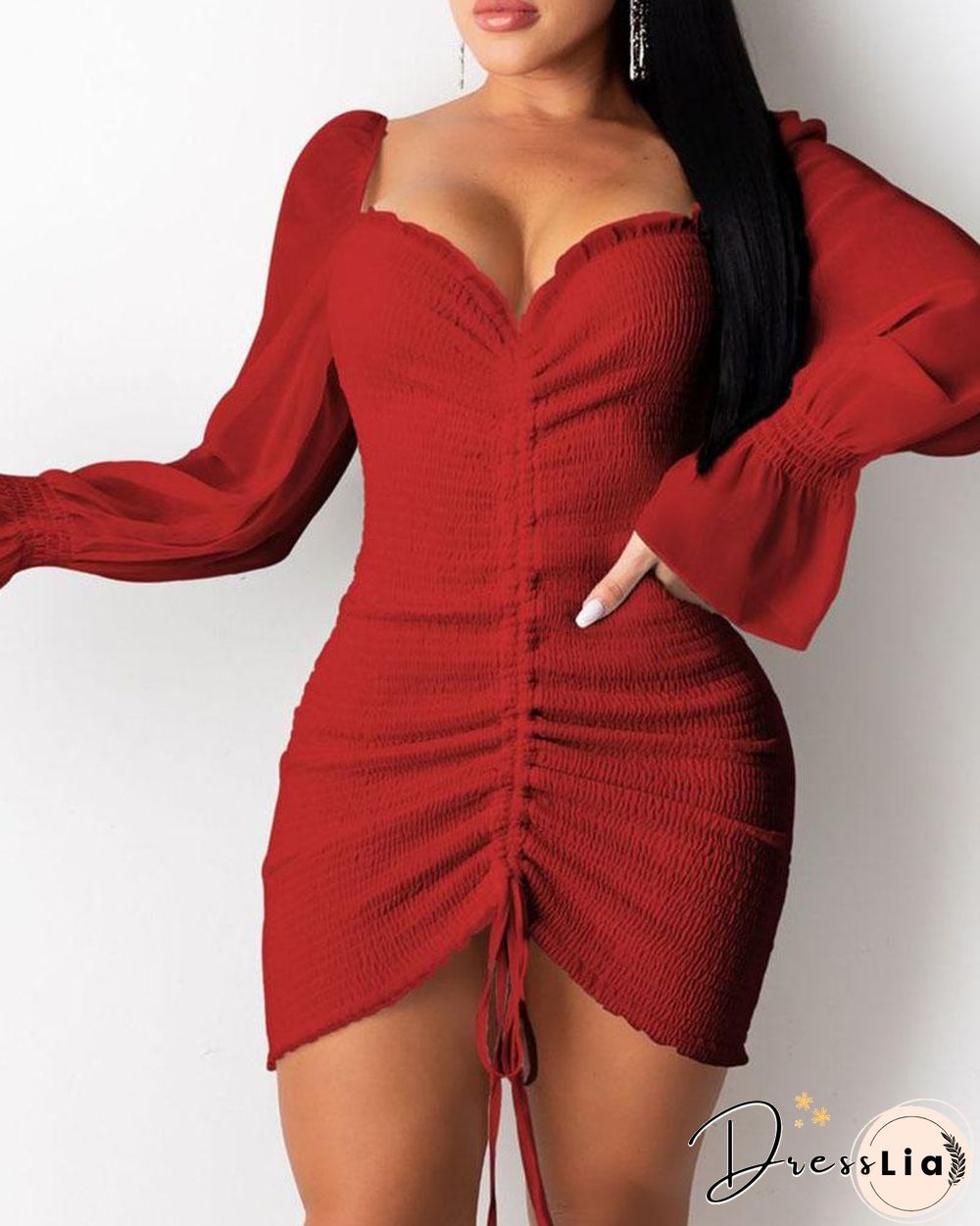 Shirring Ruched Frill Hem Long Sleeve Dress P14747