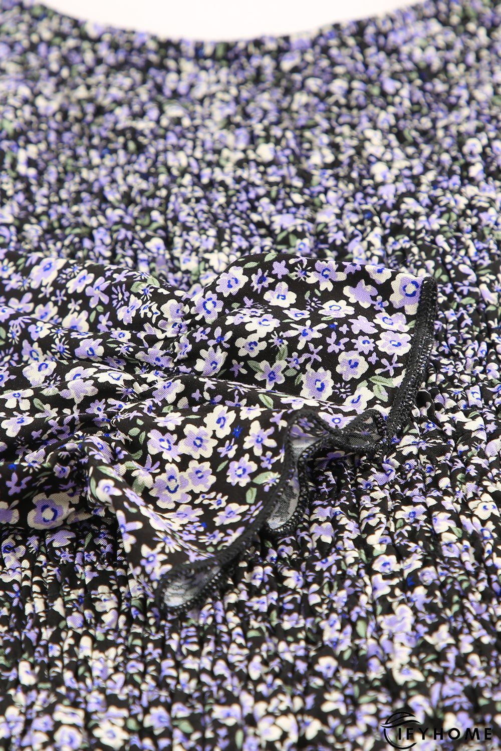 Purple Floral Print Shirred Slim-fit Long Sleeve Mini Dress | IFYHOME