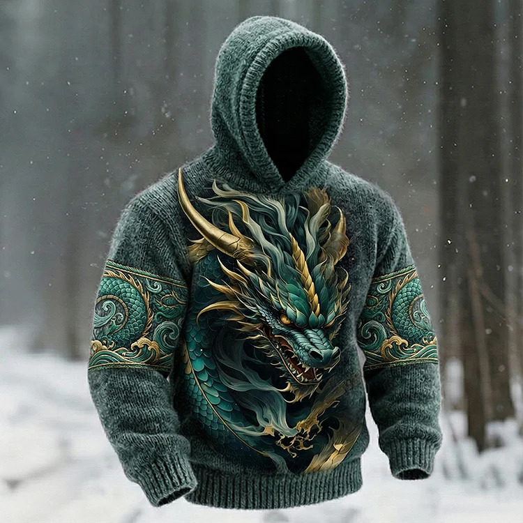 Retro Dragon Pattern Men's Cozy Hooded Sweater
