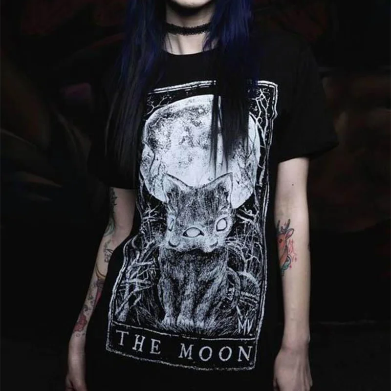 The Moon Gothic Cat Printed Women's T-shirt -  