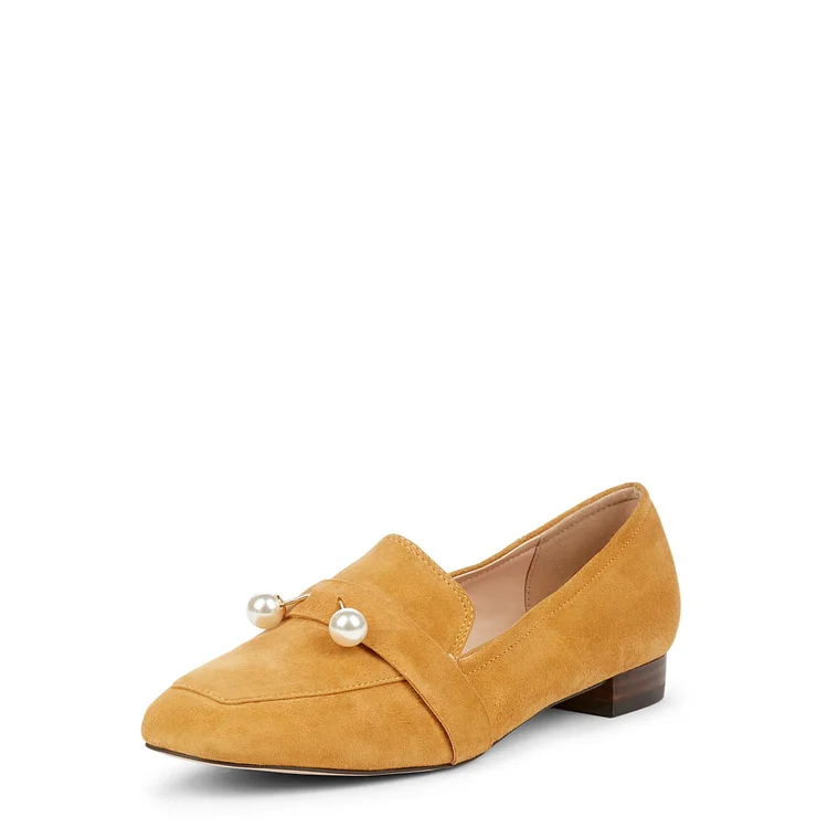Mustard Square Toe Loafers for Women Comfortable Flats with Pearl |FSJ Shoes