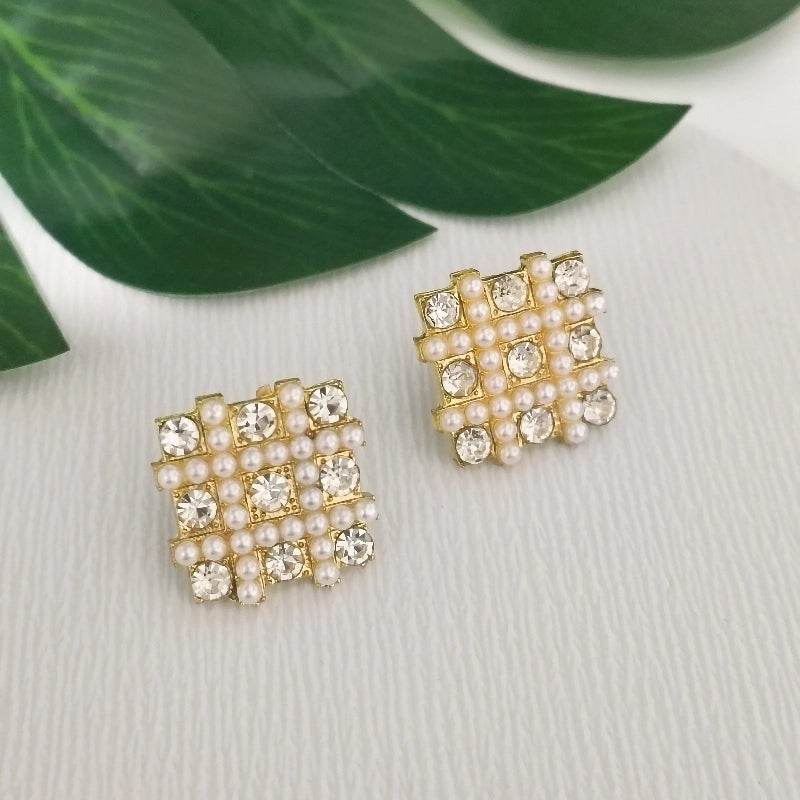 1 Pair Elegant Streetwear Commute Square Inlay Alloy Artificial Pearls Rhinestones Gold Plated Ear Studs