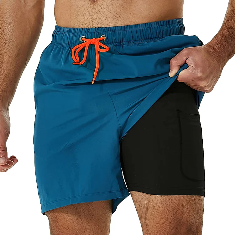 DAKIMOE Mens Swim Trunks Stretch Water Beach Shorts with Compression Liner 2 in 1 Quick-Dry Swimming Shorts with Zipper Pockets