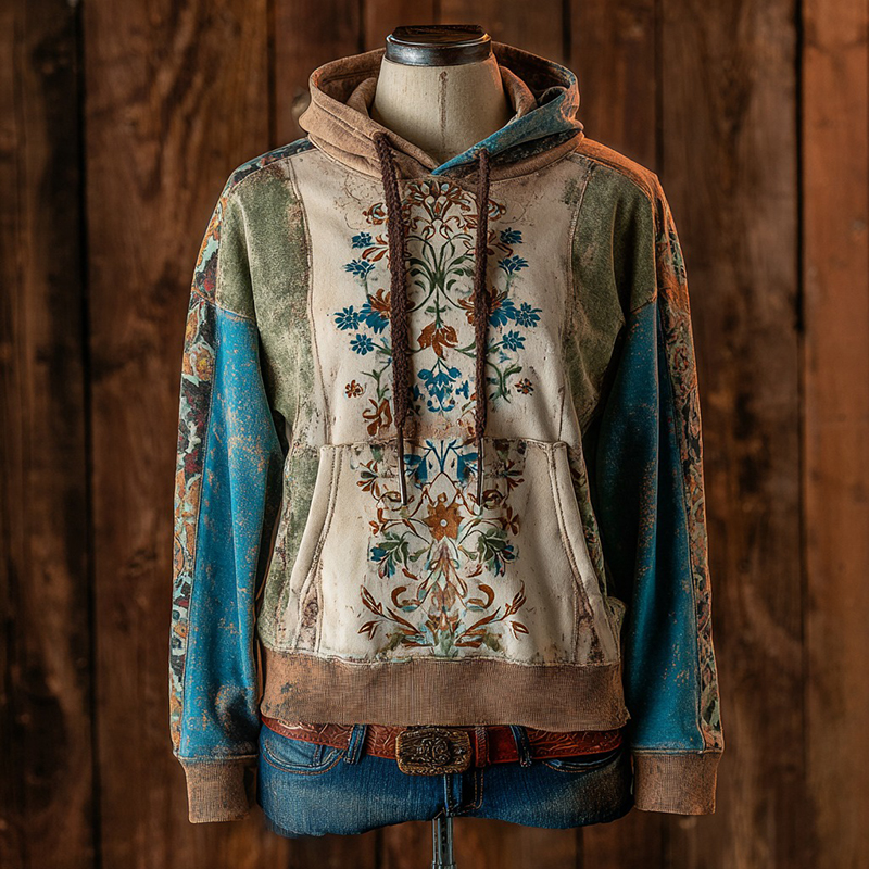  Women's Bohemian Floral Color-block Design Vintage Western Casual Hoodie Westsshops