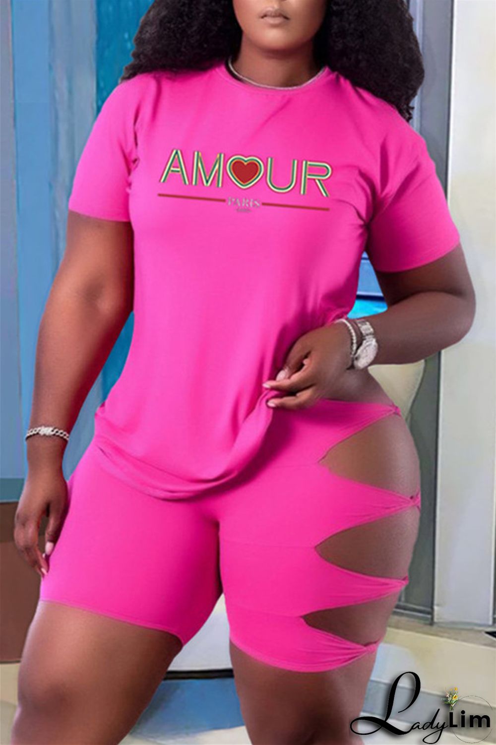 Green Fashion Casual Letter Print Ripped O Neck Plus Size Two Pieces