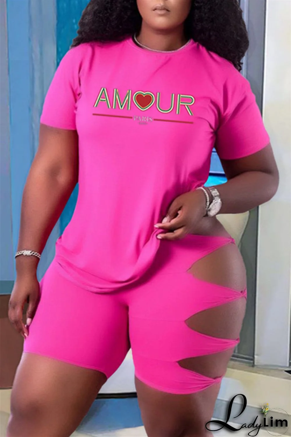 Green Fashion Casual Letter Print Ripped O Neck Plus Size Two Pieces