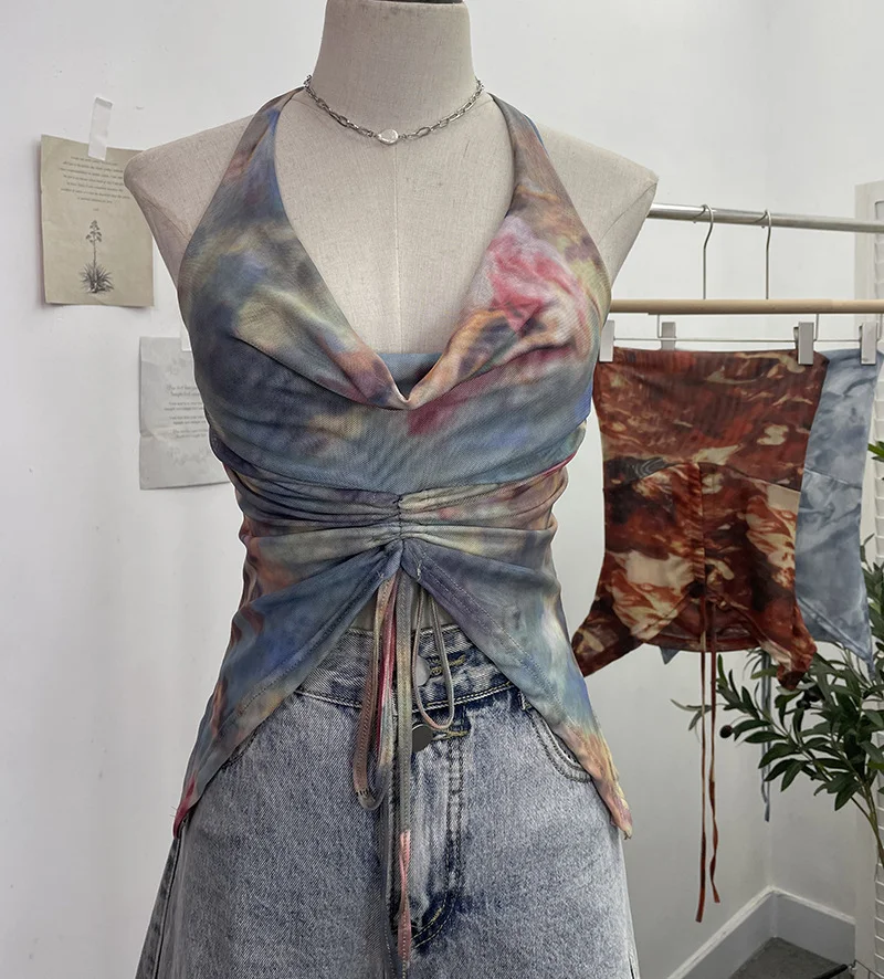 Uveng Real Shooting Holiday Wind Hanging Neck Collar Collar Tidling Strap Sling Vest Tie Mesh Yarn Short Sleeveless Top 9926