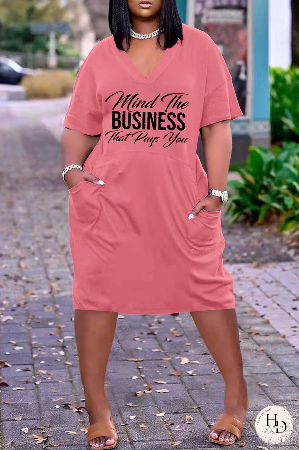 Pink Fashion Casual Letter Print Basic V Neck Short Sleeve Dress