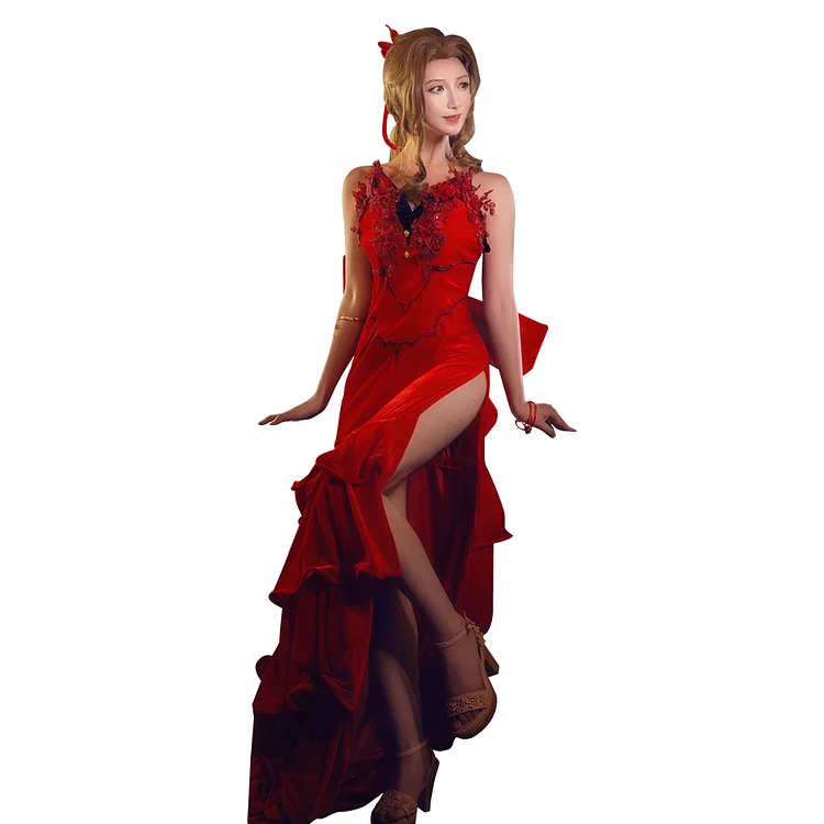 Final Fantasy VII Remake Halloween Red Party Dress Aerith Aeris Gainsborough Cosplay Costume
