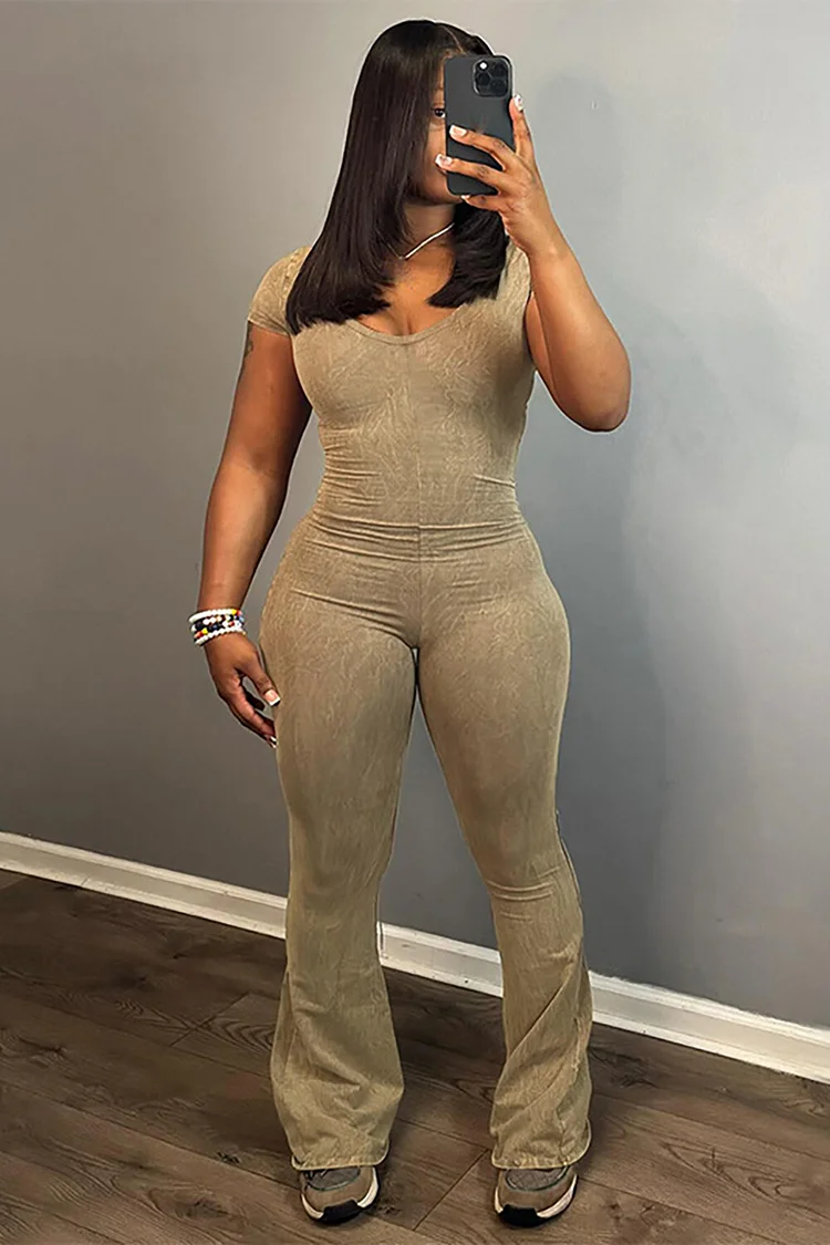 Short Sleeve U Neck Slim Fit Flared Leg Solid Color Jumpsuit-Beige